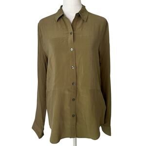 SPANX olive green button down long sleeve silk top size S